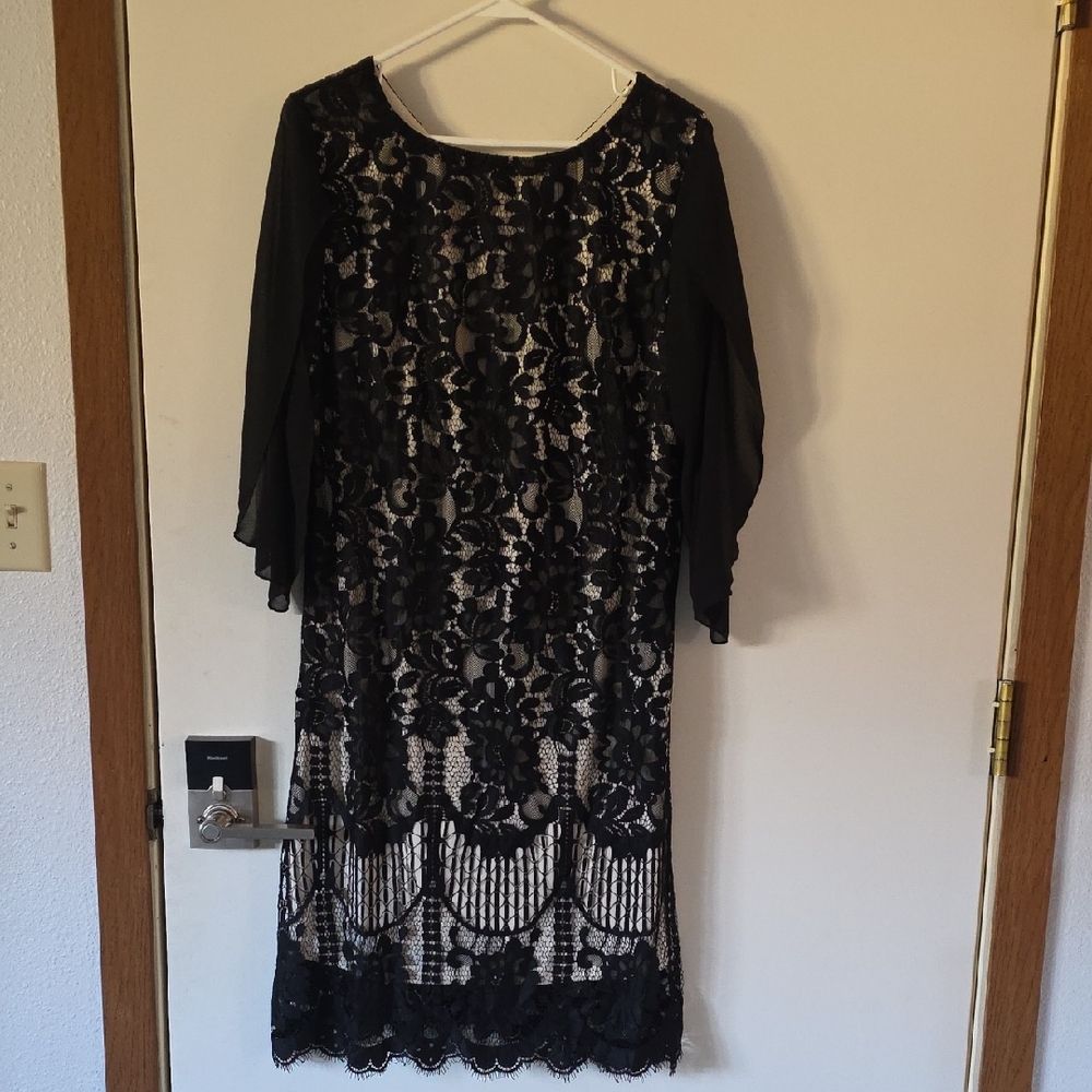 Black Lace Midi Dress with Nude Underlay - Women's